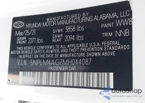 2021 Hyundai Elantra Sel z USA, uszkodzony, nr VIN 5NPLM4AG7MH044087